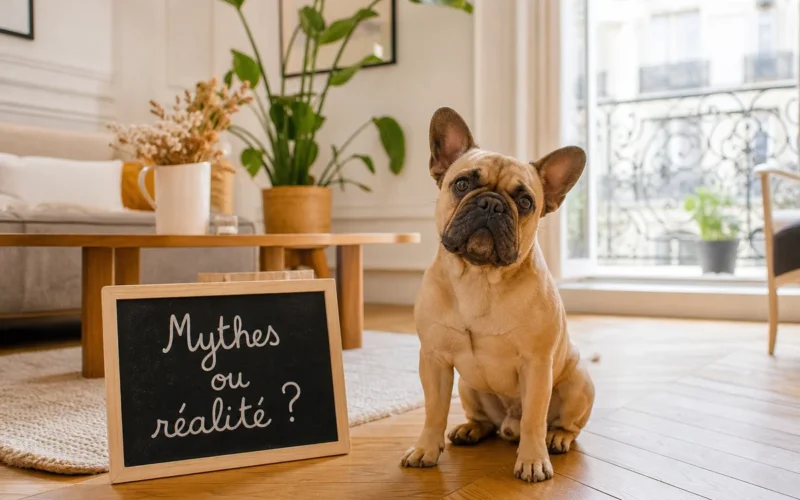 Bouledogue français assis dans un salon, illustration des mythes sur la race