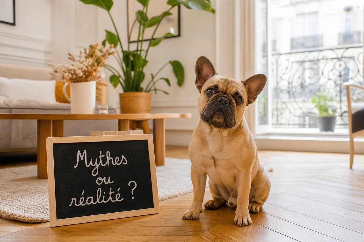 Bouledogue français assis dans un salon, illustration des mythes sur la race
