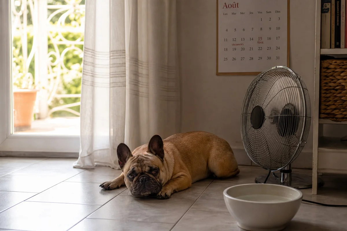 Bouledogue français se reposant sur un carrelage frais avec gamelle d'eau et ventilateur