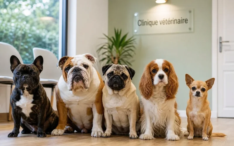 Bouledogue français et autres races de chiens fragiles réunis illustrant les races de chiens les plus fragiles