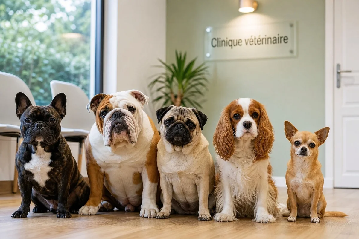 Bouledogue français et autres races de chiens fragiles réunis illustrant les races de chiens les plus fragiles