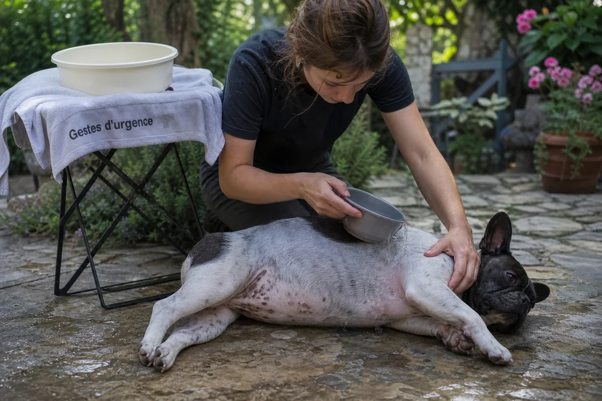Propriétaire versant de l'eau tempérée sur un bouledogue français en surchauffe