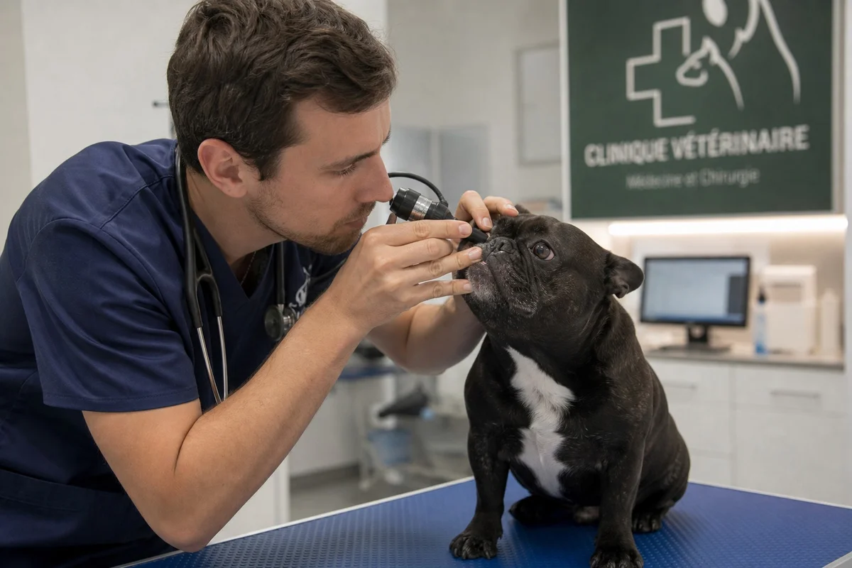 Vétérinaire français examinant les voies respiratoires d'un petit chien brachycéphale