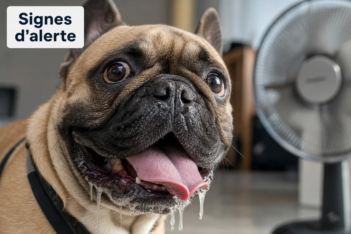 Gros plan sur la truffe et les gencives d'un bouledogue français présentant des signes de surchauffe