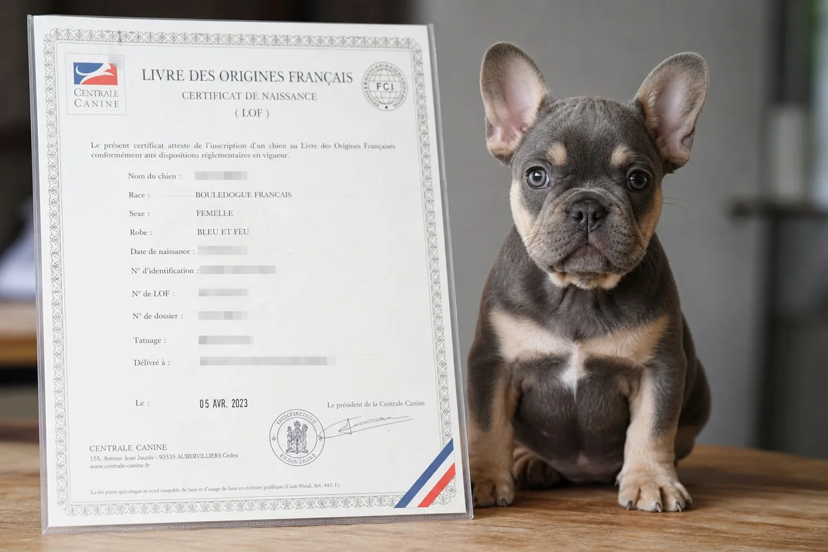 Document de pedigree LOF posé à côté d'un chiot bouledogue français