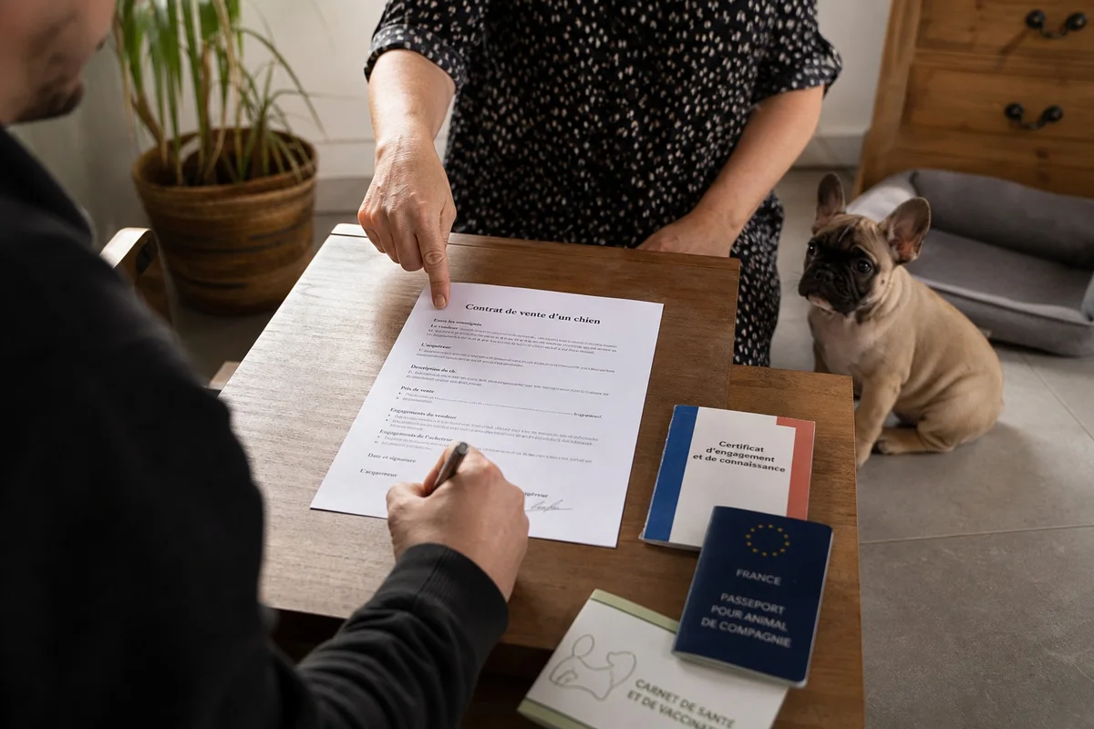 Nouveau propriétaire signant un contrat de cession avec l'éleveur pour un chiot bouledogue français