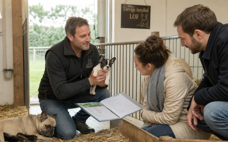 Éleveur présentant un chiot bouledogue français à un futur adoptant dans un élevage propre