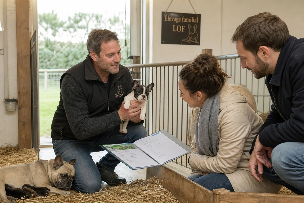 Éleveur présentant un chiot bouledogue français à un futur adoptant dans un élevage propre