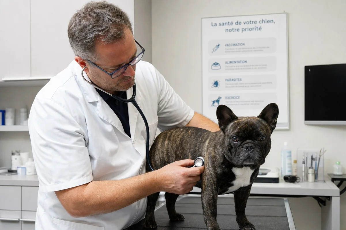 Vétérinaire examinant la respiration d'un bouledogue français adulte en cabinet
