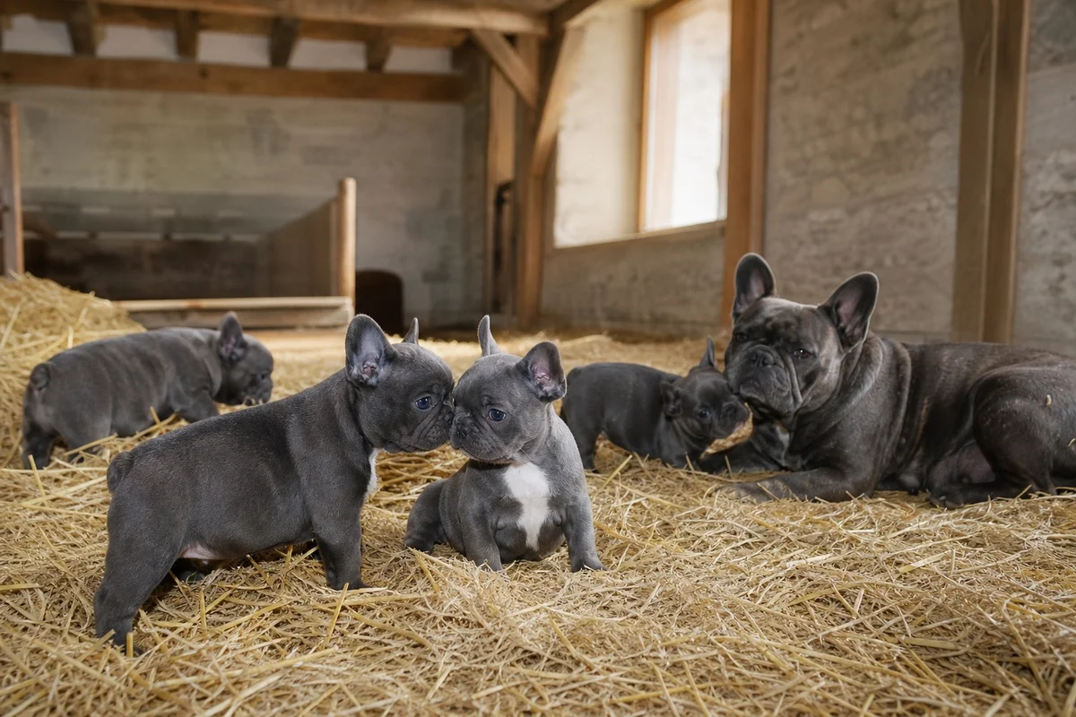 Portée de chiots bouledogue français jouant près de leur mère dans un espace propre